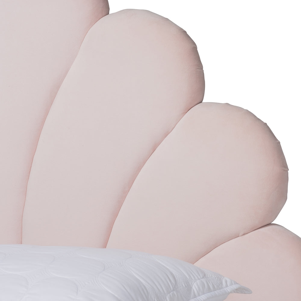 Odille Glam Light Pink Velvet Walnut Brown Wood Queen Size Platform Bed