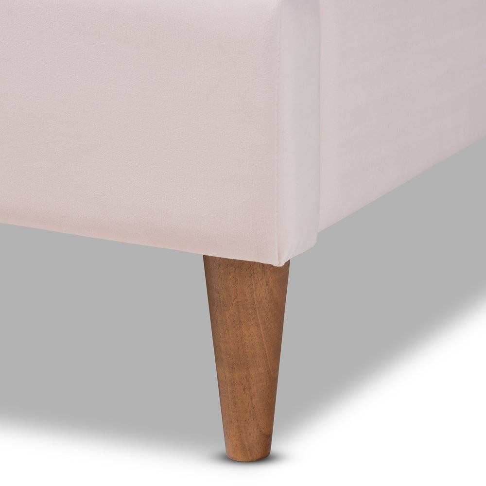 Odille Glam Light Pink Velvet Walnut Brown Wood Queen Size Platform Bed