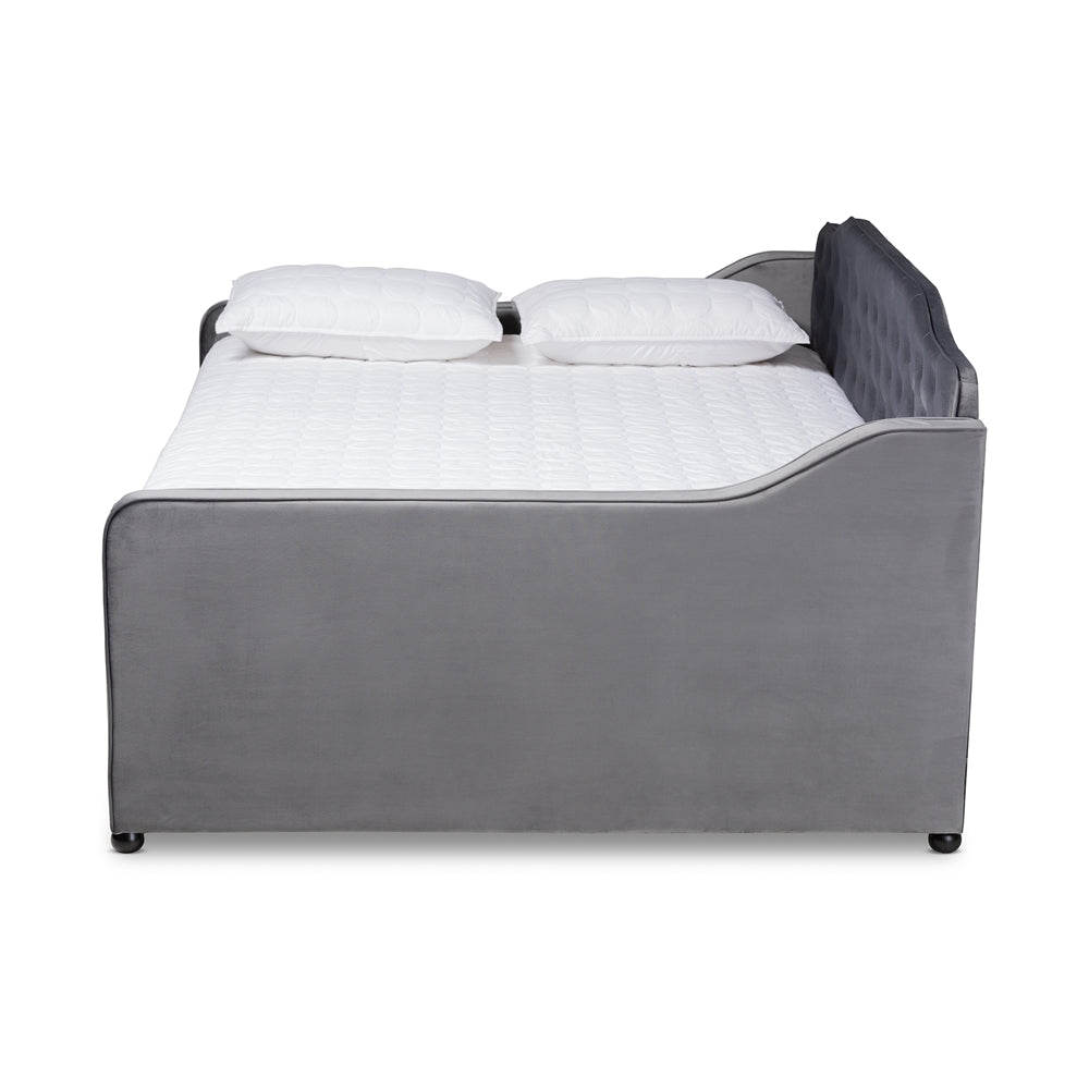 Freda Grey Velvet Fabric and Button Tufted Queen Size Daybed with Trundle