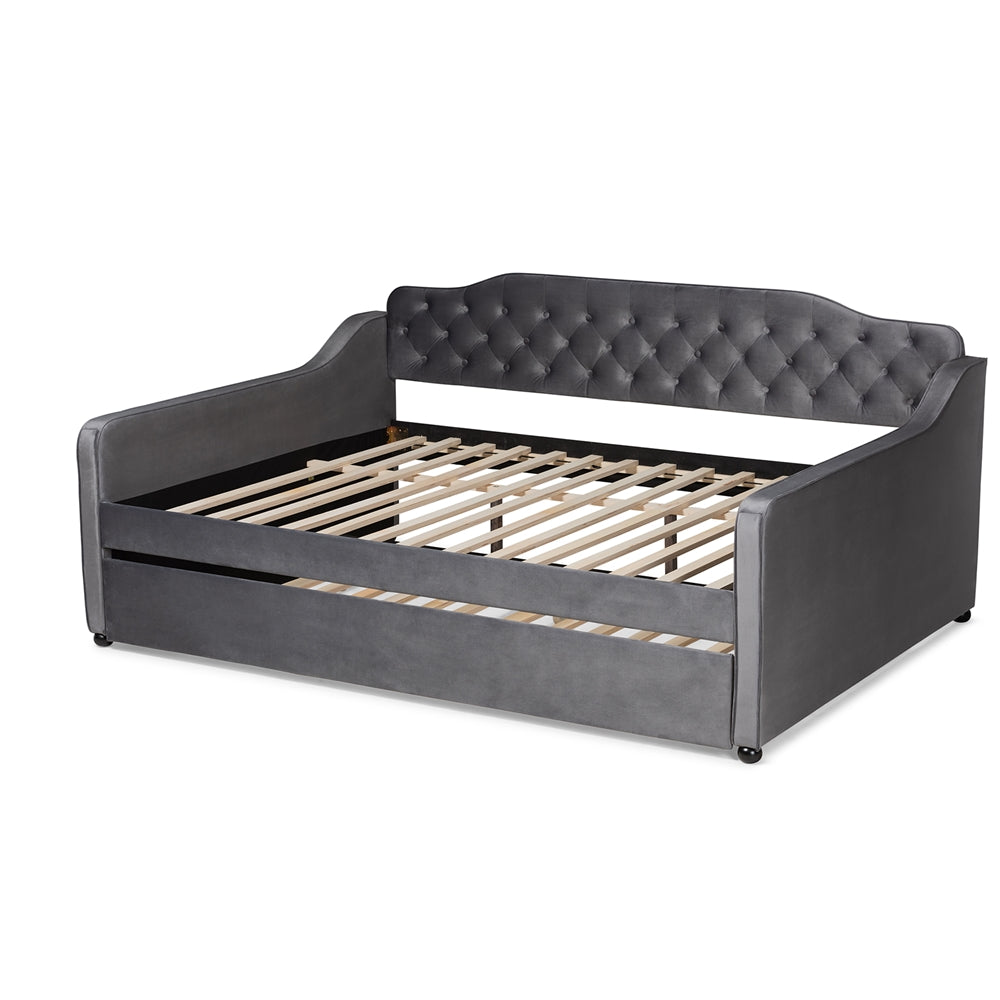 Freda Grey Velvet Fabric and Button Tufted Queen Size Daybed with Trundle