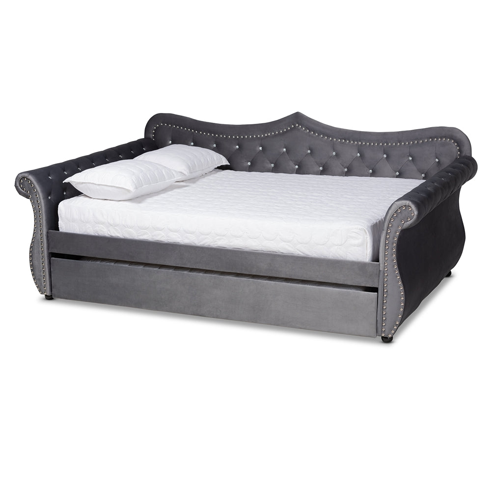 Lilias Abbie Queen Grey Velvet Daybed with Trundle – Glam Crystal Tufted Design
