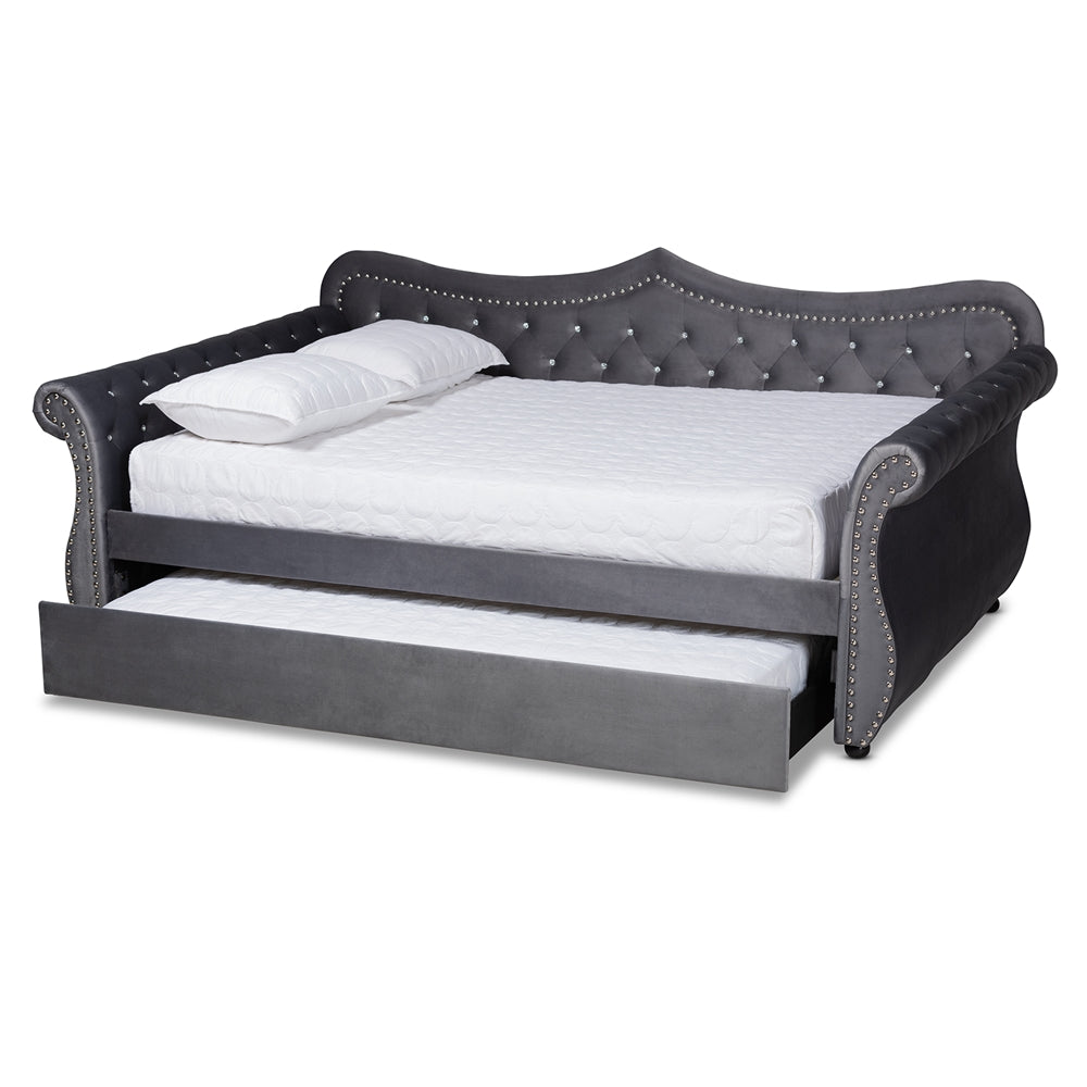 Lara Abbie Full Grey Velvet Daybed with Trundle – Tufted Glam Design with Crystal Accents