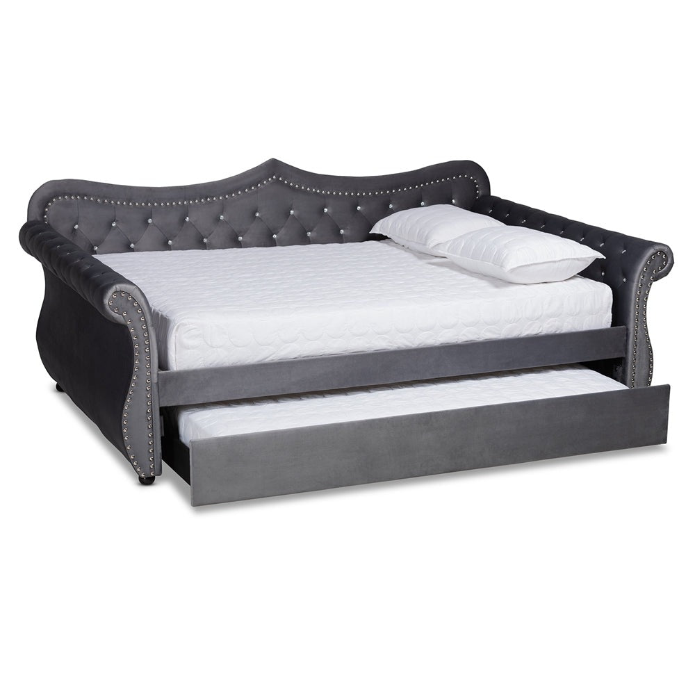 Lilias Abbie Queen Grey Velvet Daybed with Trundle – Glam Crystal Tufted Design