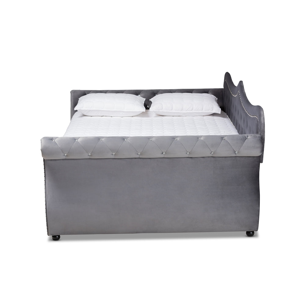 Lilias Abbie Queen Grey Velvet Daybed with Trundle – Glam Crystal Tufted Design