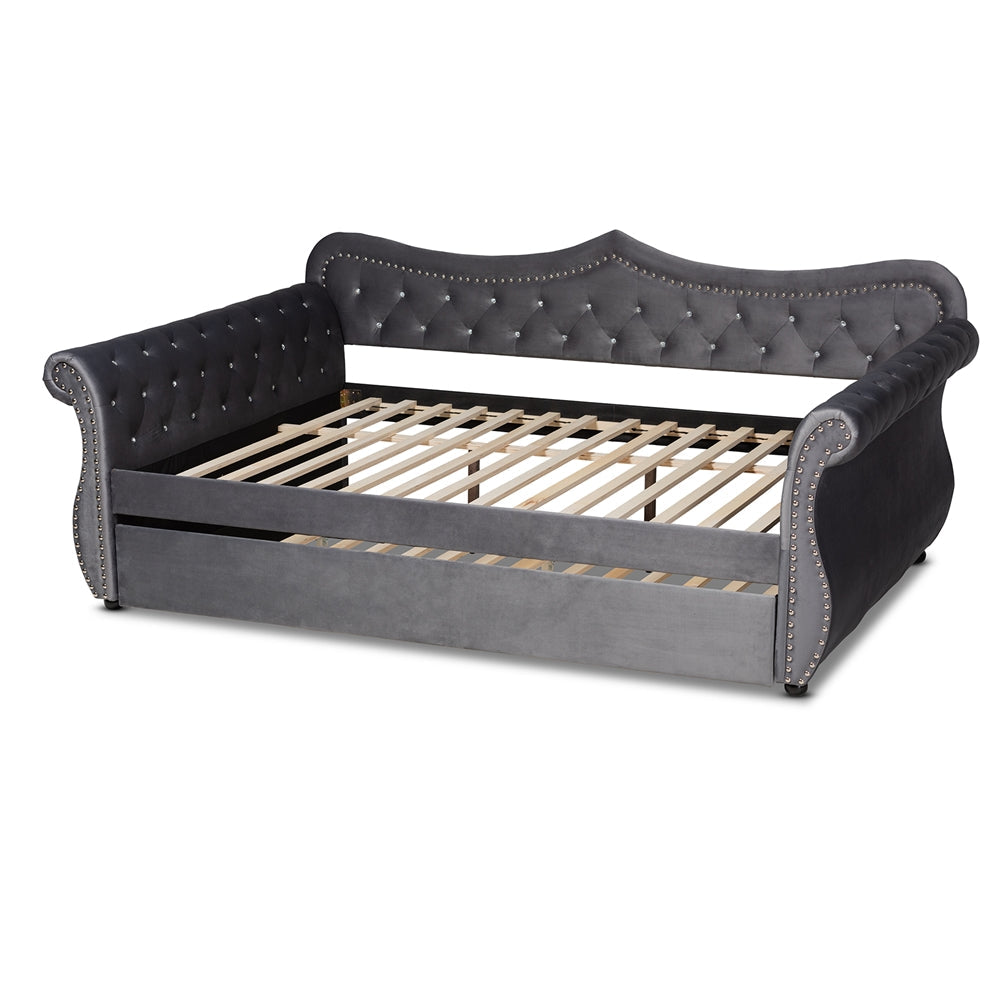 Lara Abbie Full Grey Velvet Daybed with Trundle – Tufted Glam Design with Crystal Accents