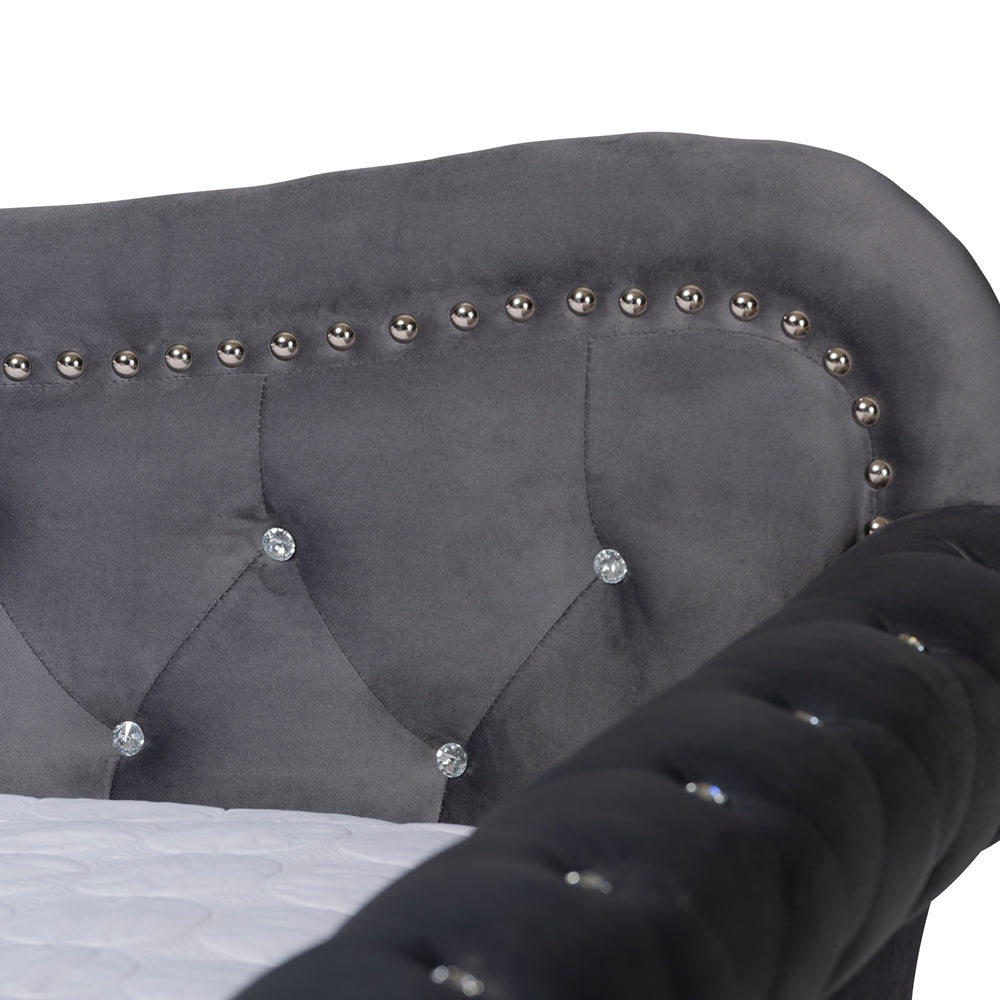 Lara Abbie Full Grey Velvet Daybed with Trundle – Tufted Glam Design with Crystal Accents