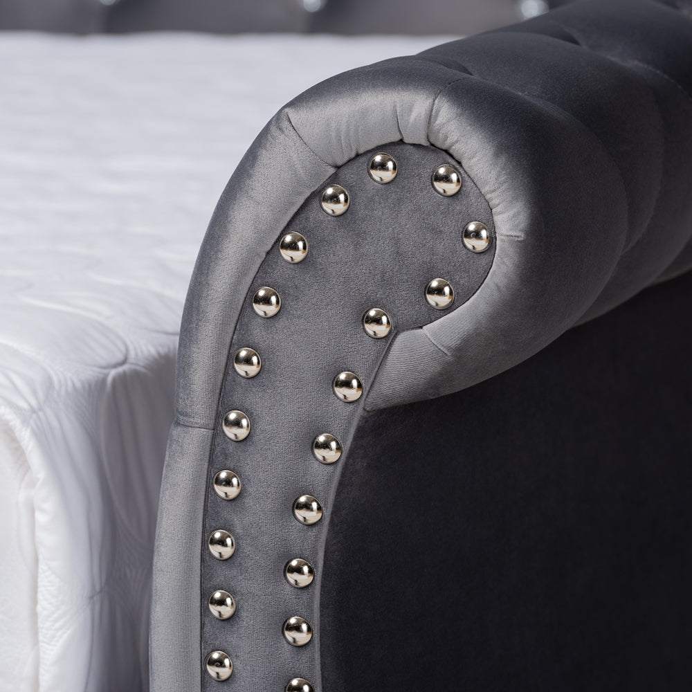 Lara Abbie Full Grey Velvet Daybed with Trundle – Tufted Glam Design with Crystal Accents