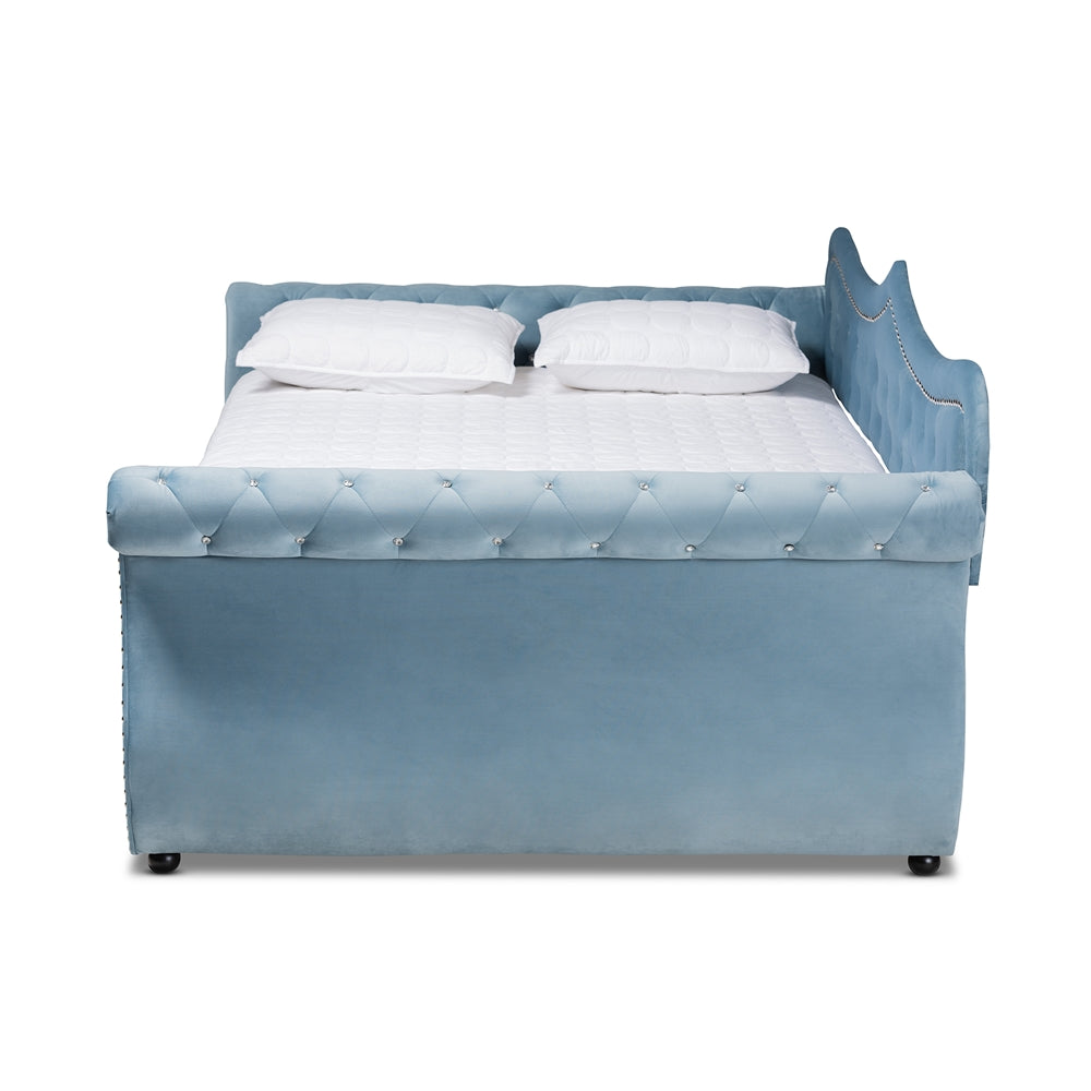 Roya Abbie Queen Velvet Upholstered Daybed – Crystal Tufted Elegance