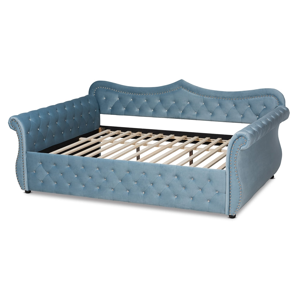 Roya Abbie Queen Velvet Upholstered Daybed – Crystal Tufted Elegance