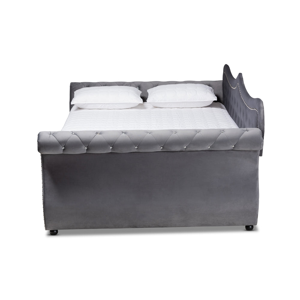 Niah Abbie Full Grey Velvet Upholstered Daybed – Glam Crystal Tufted Design