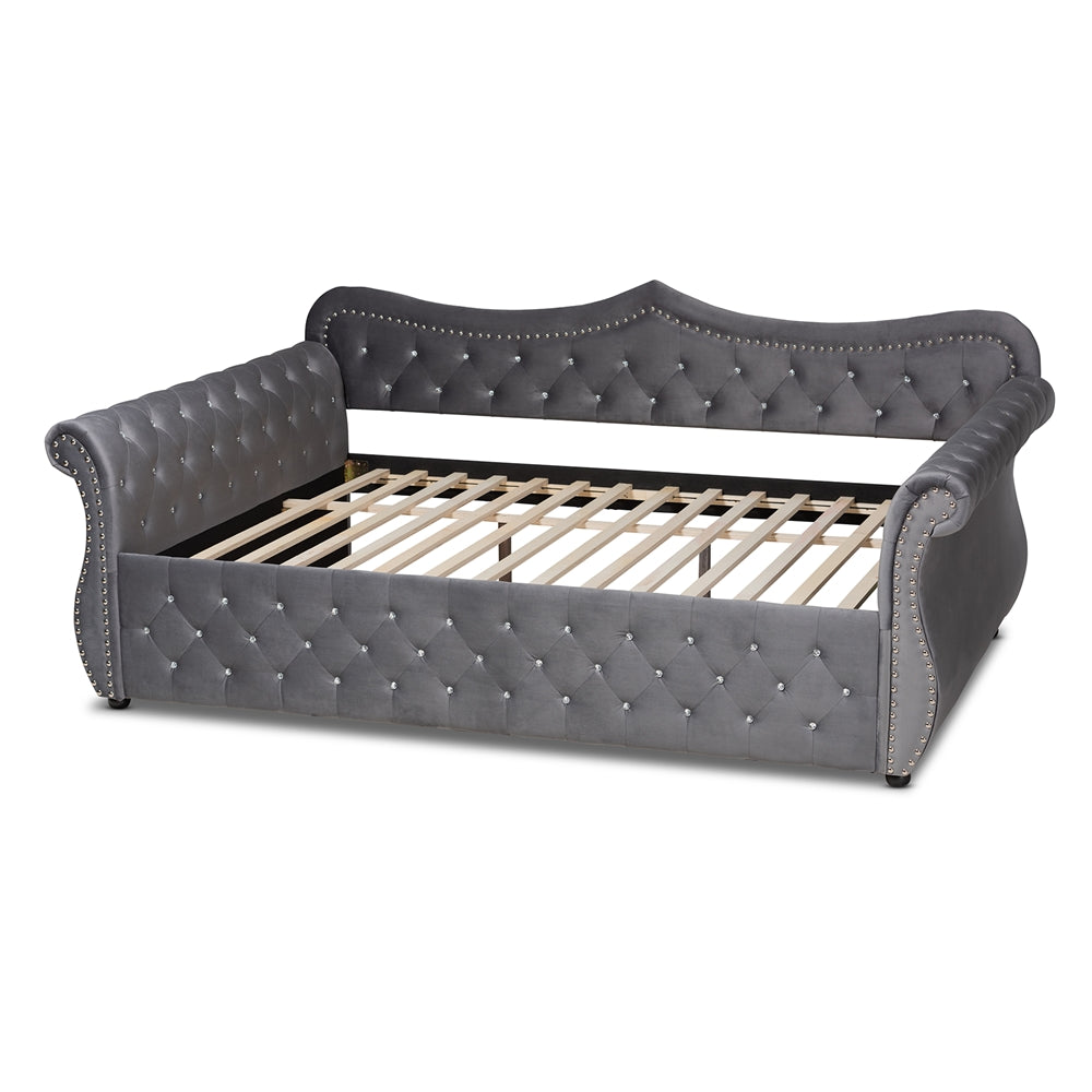 Niah Abbie Full Grey Velvet Upholstered Daybed – Glam Crystal Tufted Design
