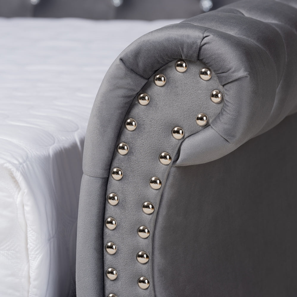Niah Abbie Full Grey Velvet Upholstered Daybed – Glam Crystal Tufted Design
