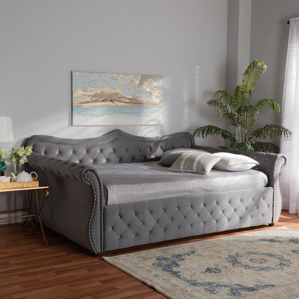 Niah Abbie Full Grey Velvet Upholstered Daybed – Glam Crystal Tufted Design