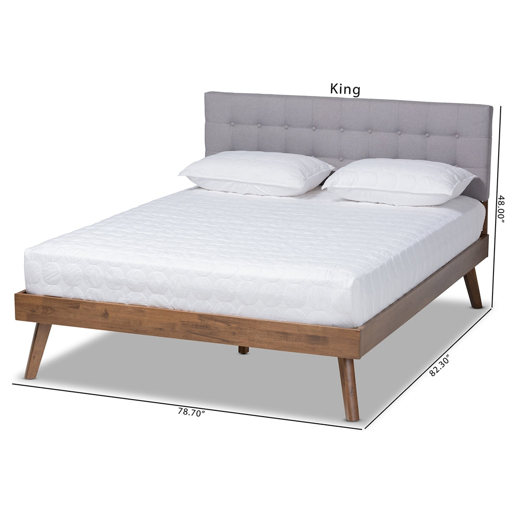 Devan Mid-Century Light Grey Walnut Brown Finished King Size Bed