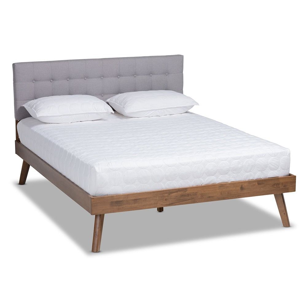 Devan Mid-Century Light Grey Walnut Brown Finished Queen Size Bed