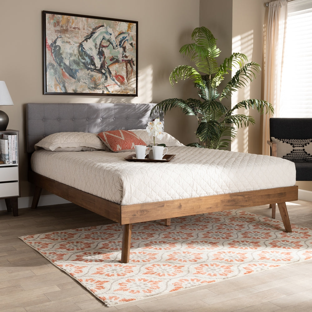 Devan Mid-Century Light Grey Walnut Brown Finished Queen Size Bed