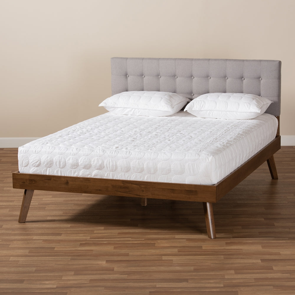 Devan Mid-Century Light Grey Walnut Brown Finished Queen Size Bed