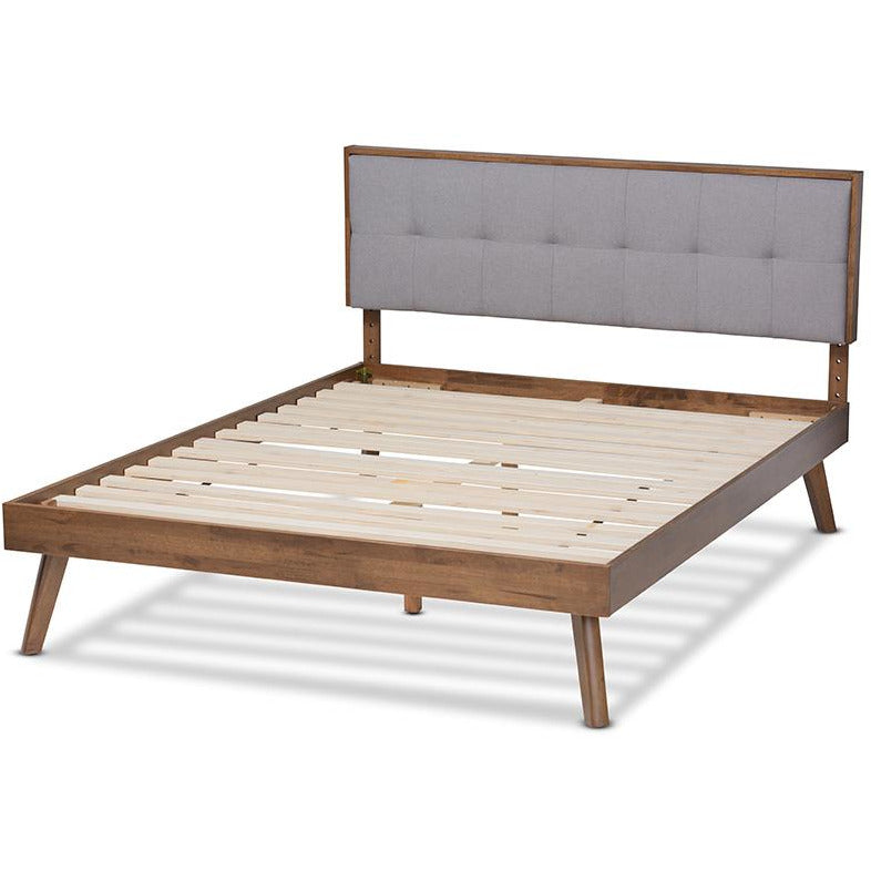 Amisa Alke King Light Grey Walnut Wood Platform Bed – Mid-Century Style with Slatted Support