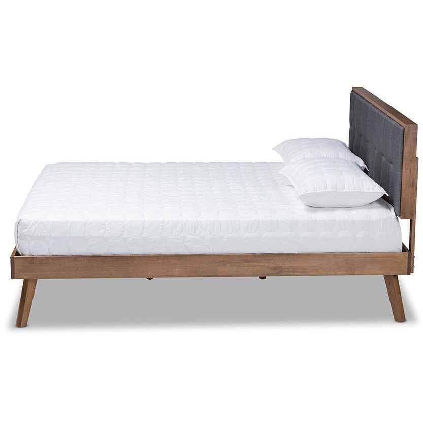 Thea Alke Queen Dark Grey Fabric & Walnut Wood Platform Bed – Mid-Century Style with Padded Headboard
