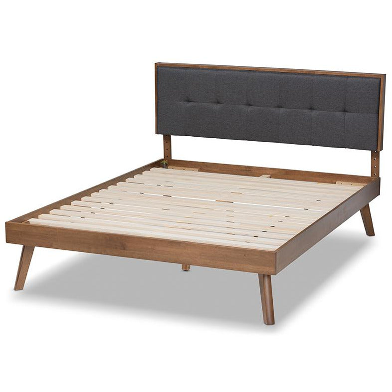 Thea Alke Queen Dark Grey Fabric & Walnut Wood Platform Bed – Mid-Century Style with Padded Headboard