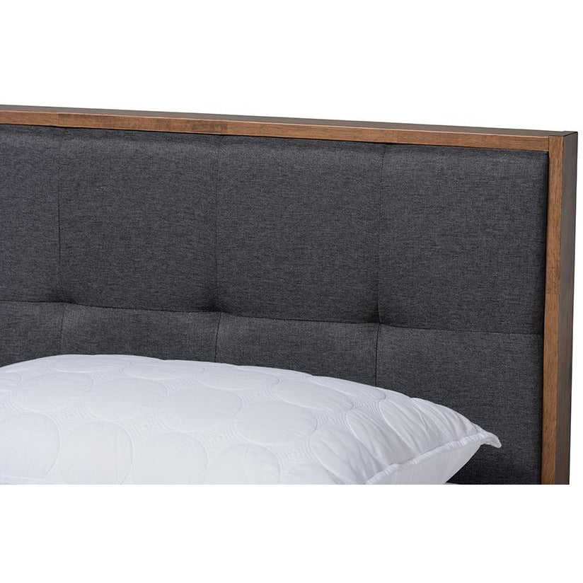 Thea Alke Queen Dark Grey Fabric & Walnut Wood Platform Bed – Mid-Century Style with Padded Headboard