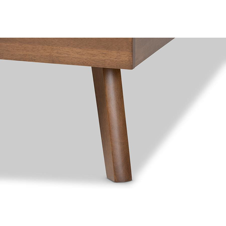 Thea Alke Queen Dark Grey Fabric & Walnut Wood Platform Bed – Mid-Century Style with Padded Headboard