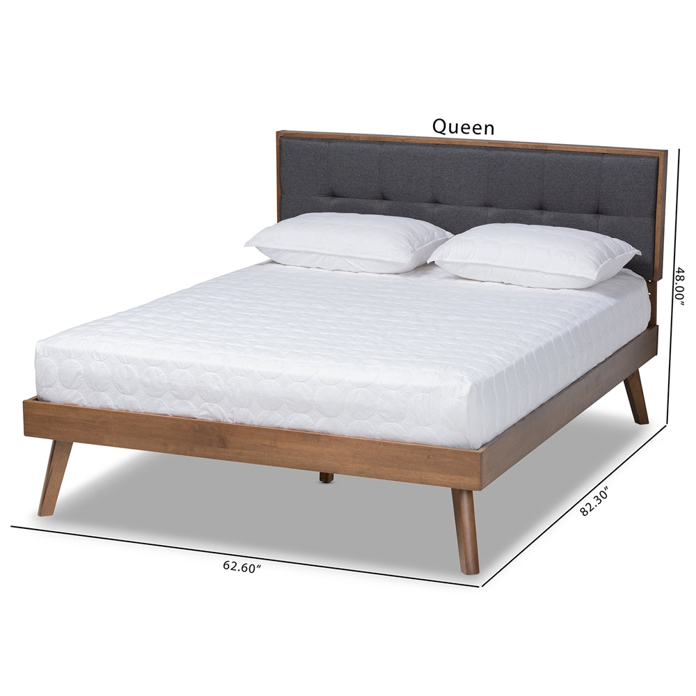 Thea Alke Queen Dark Grey Fabric & Walnut Wood Platform Bed – Mid-Century Style with Padded Headboard