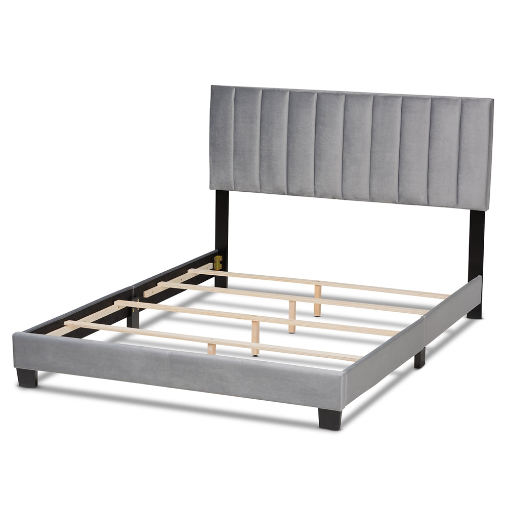 Clare Queen Size Bed Grey Velvet with Channel Tufted Headboard