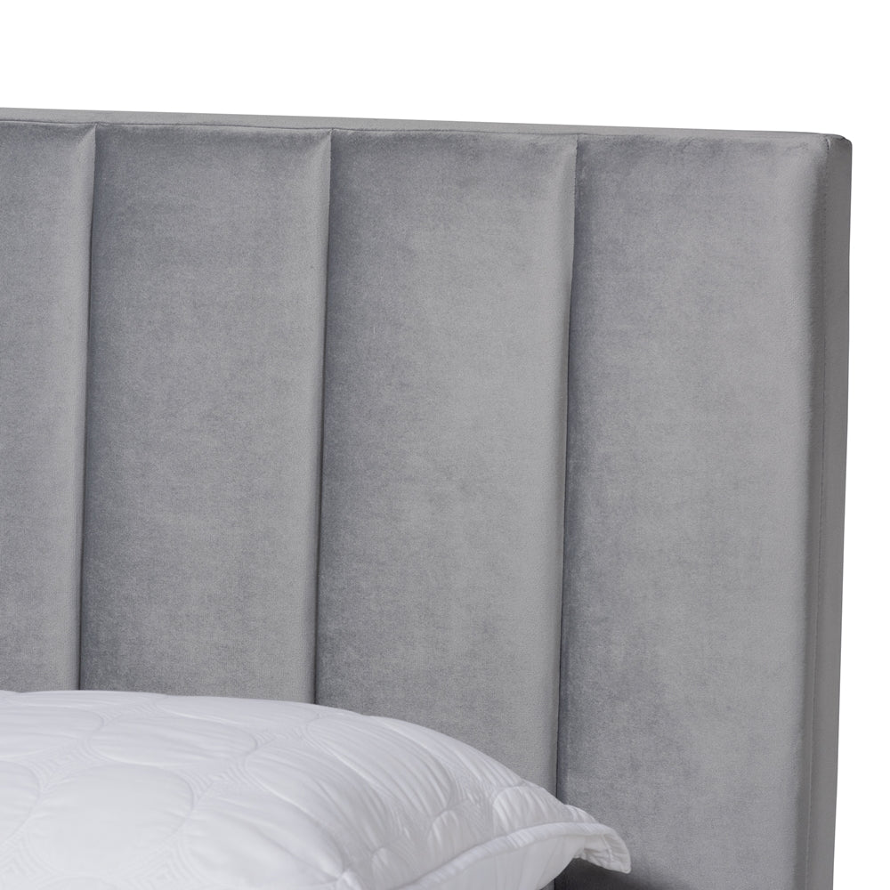 Clare Queen Size Bed Grey Velvet with Channel Tufted Headboard