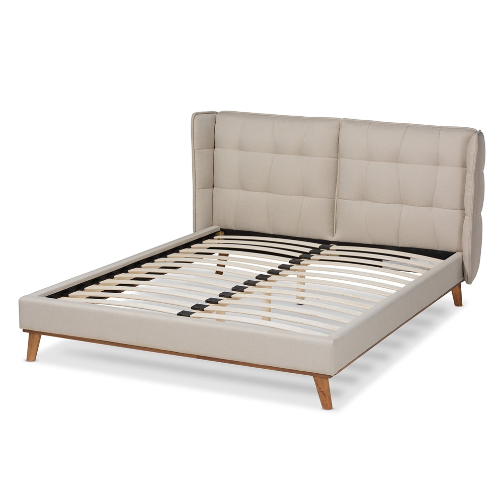 Gretchen Light Beige Fabric and Walnut Brown Finish Wood King Size Bed