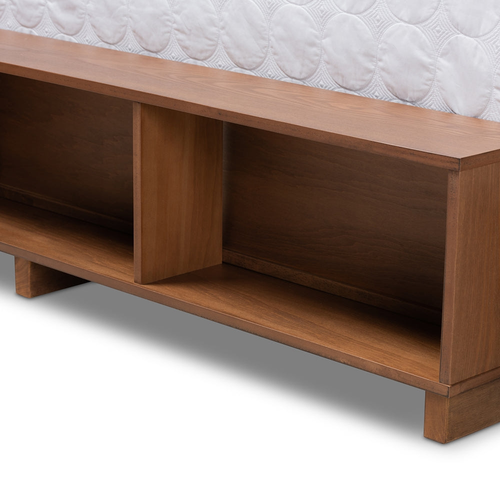 Arthur Ash Walnut Brown Finished Queen Size Bed With Built-In Shelves