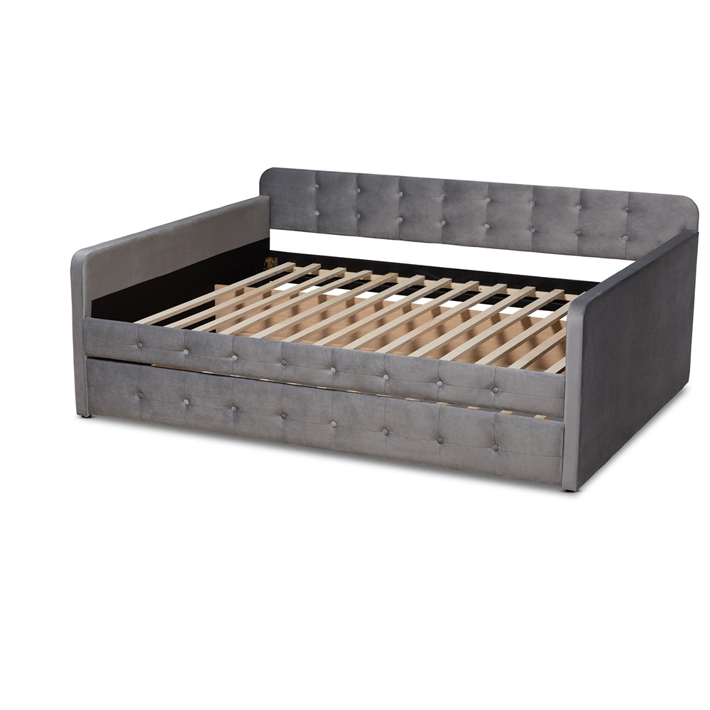 Jona Twin Daybed Modern Grey Velvet Button-Tufted with Trundle