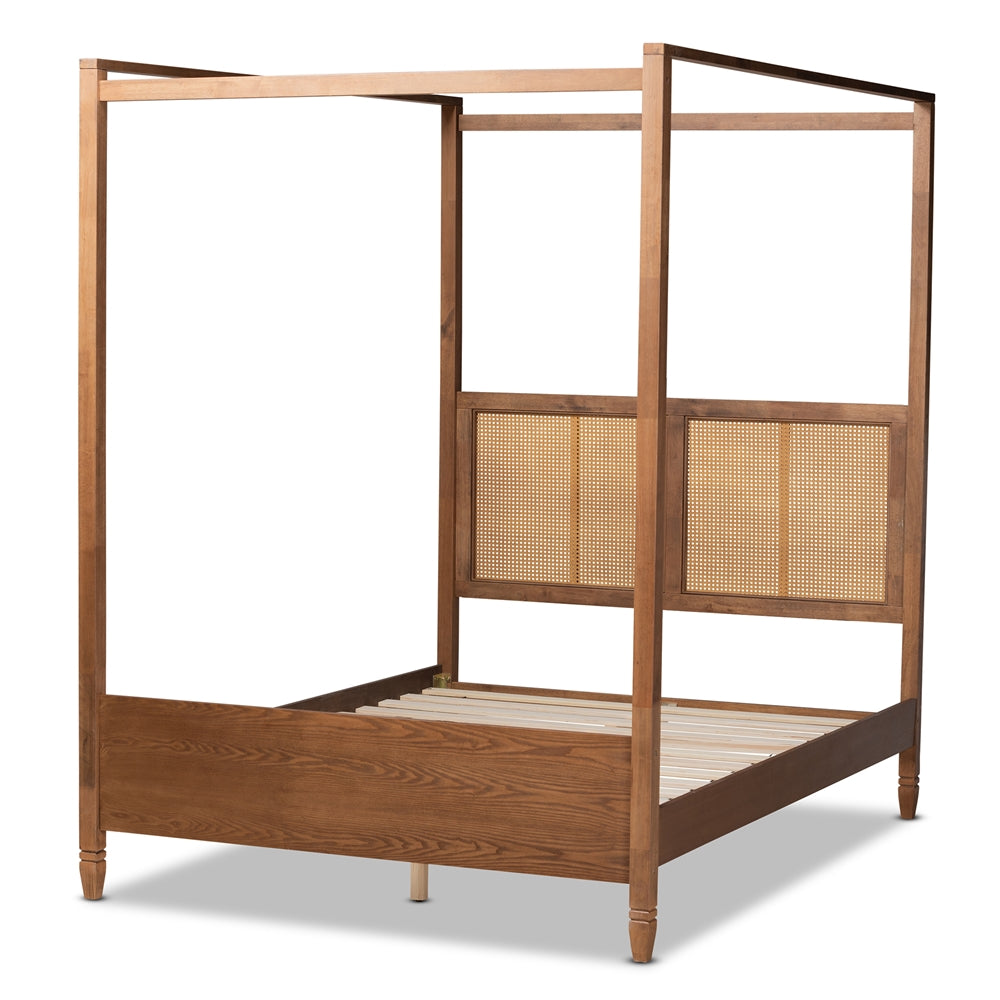 Malia Walnut Brown Finished Wood and Synthetic Rattan Queen Size Canopy Bed