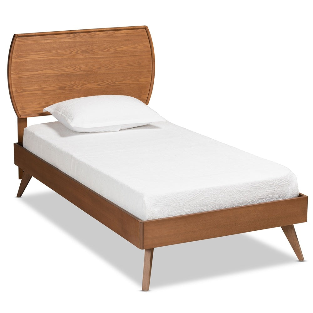 Averi Aimi Twin Platform Bed in Walnut Brown Wood – Mid-Century Modern Design with Slatted Base