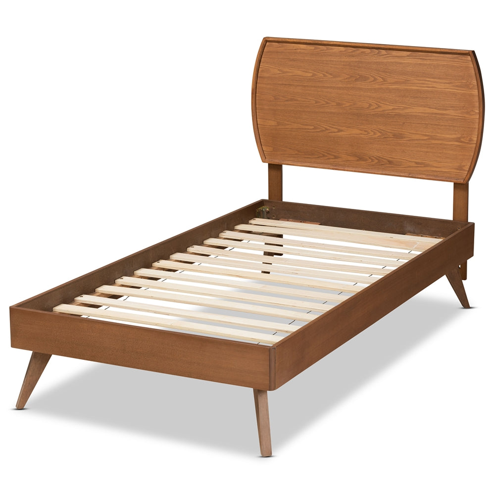 Averi Aimi Twin Platform Bed in Walnut Brown Wood – Mid-Century Modern Design with Slatted Base