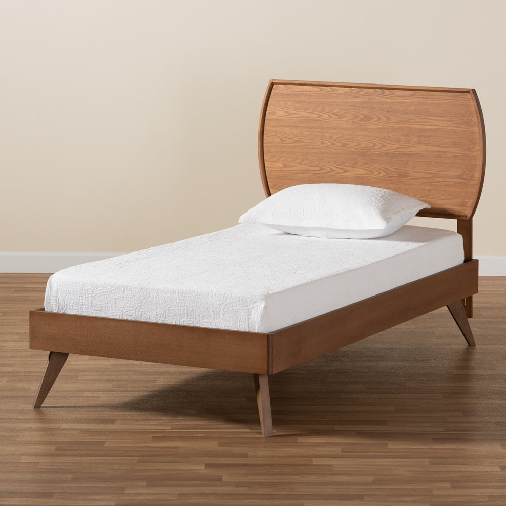 Averi Aimi Twin Platform Bed in Walnut Brown Wood – Mid-Century Modern Design with Slatted Base
