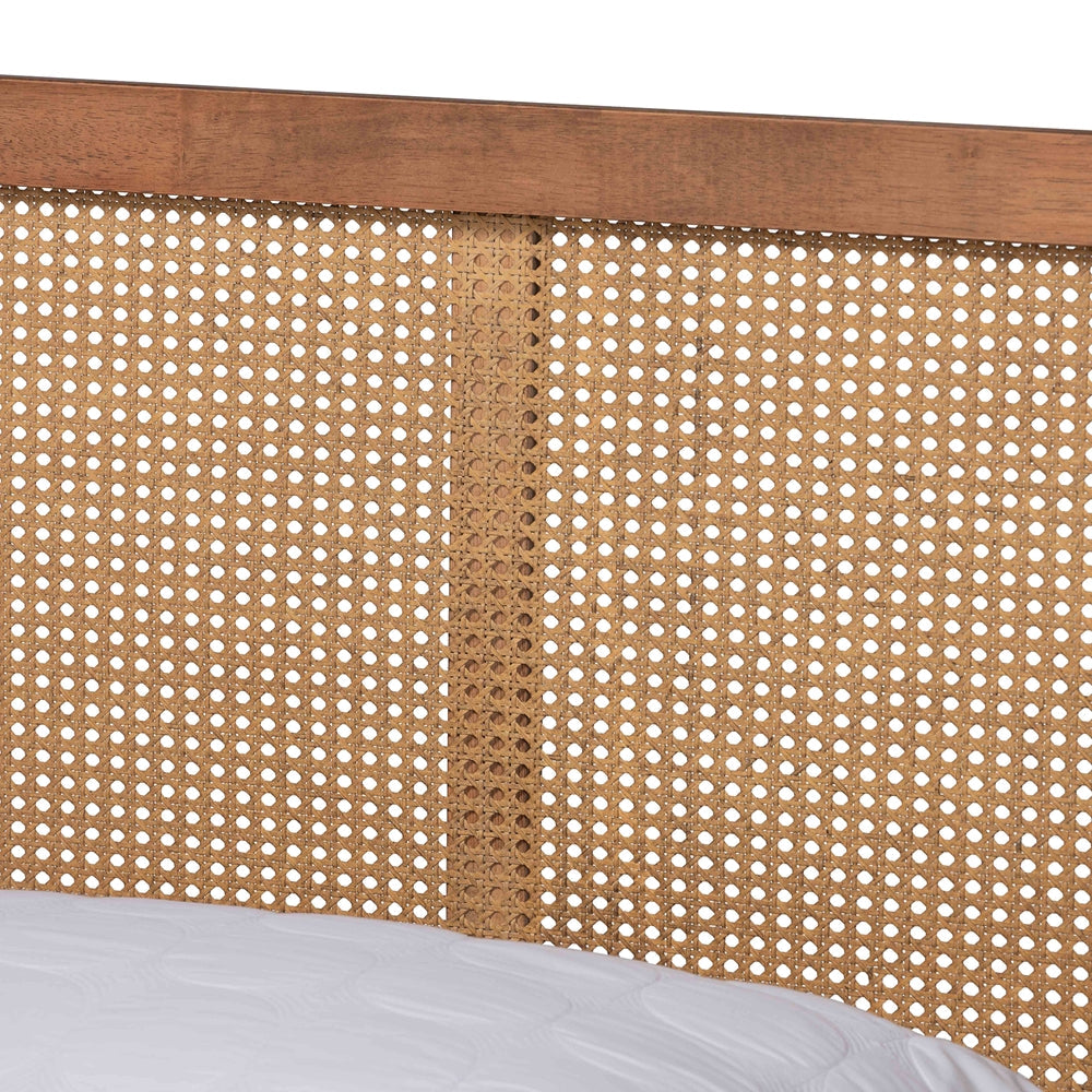 Asami Mid-Century Modern Walnut Brown Finished Wood And Synthetic Rattan King Size Platform Bed