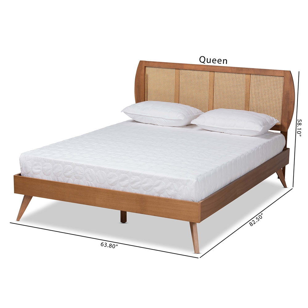 Asami Mid-Century Modern Walnut Brown Finished Wood And Synthetic Rattan Queen Size Platform Bed