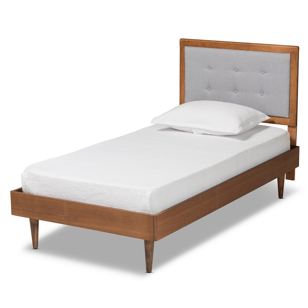 Greta Light Grey Fabric Walnut Brown Finished Wood Twin Size Bed
