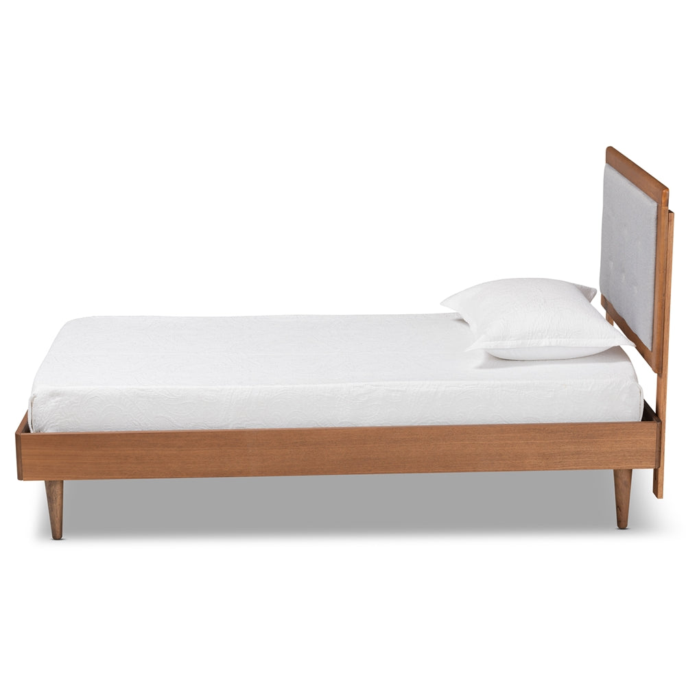 Greta Light Grey Fabric Walnut Brown Finished Wood Twin Size Bed