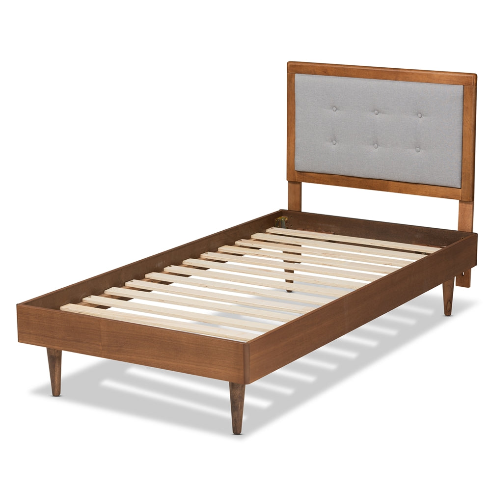 Greta Light Grey Fabric Walnut Brown Finished Wood Twin Size Bed