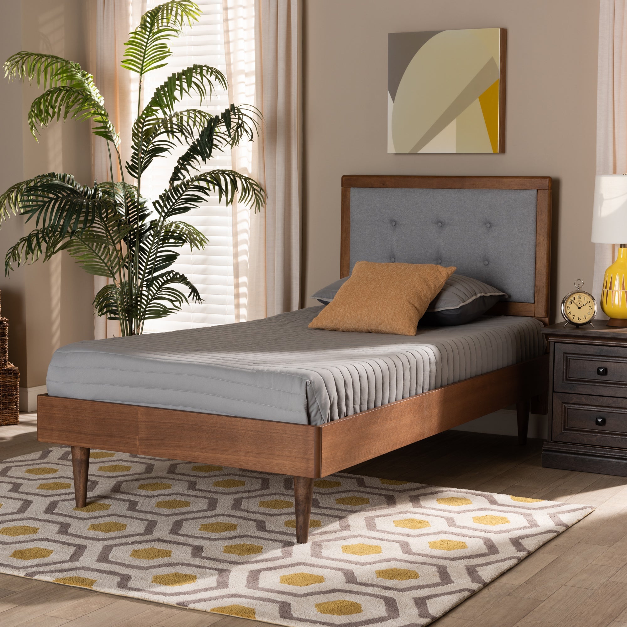 Greta Light Grey Fabric Walnut Brown Finished Wood Twin Size Bed