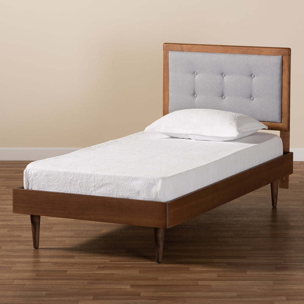 Greta Light Grey Fabric Walnut Brown Finished Wood Twin Size Bed