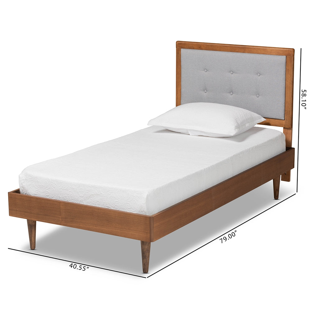 Greta Light Grey Fabric Walnut Brown Finished Wood Twin Size Bed