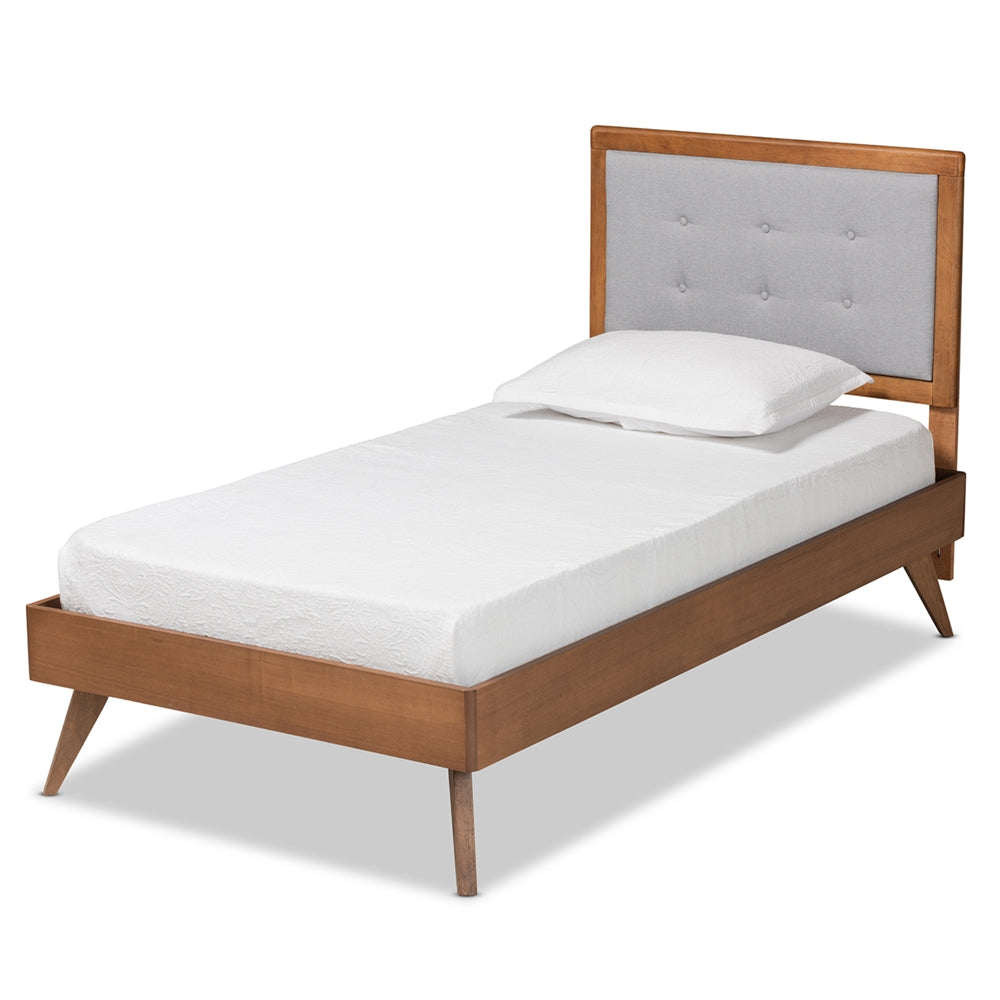 Dave Alida Twin Size Light Grey Upholstered Bed – Walnut Wood Frame & Mid-Century Style