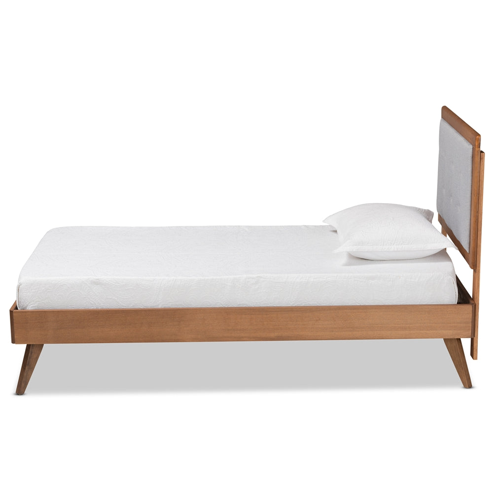 Dave Alida Twin Size Light Grey Upholstered Bed – Walnut Wood Frame & Mid-Century Style