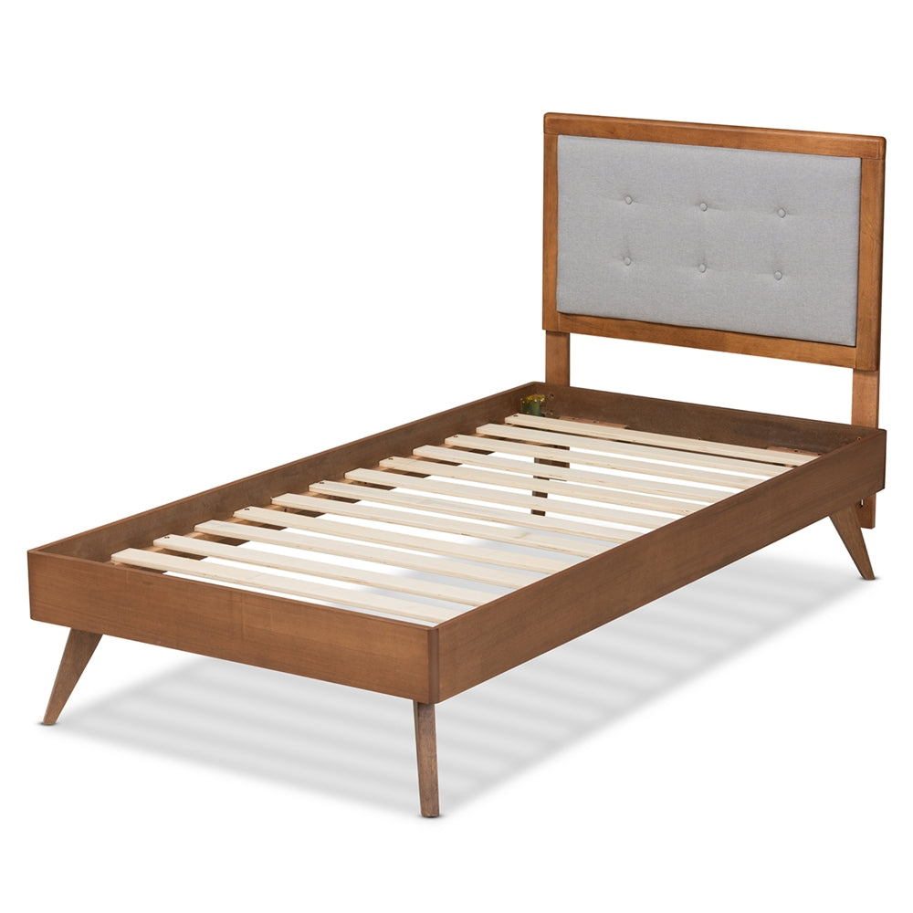 Dave Alida Twin Size Light Grey Upholstered Bed – Walnut Wood Frame & Mid-Century Style