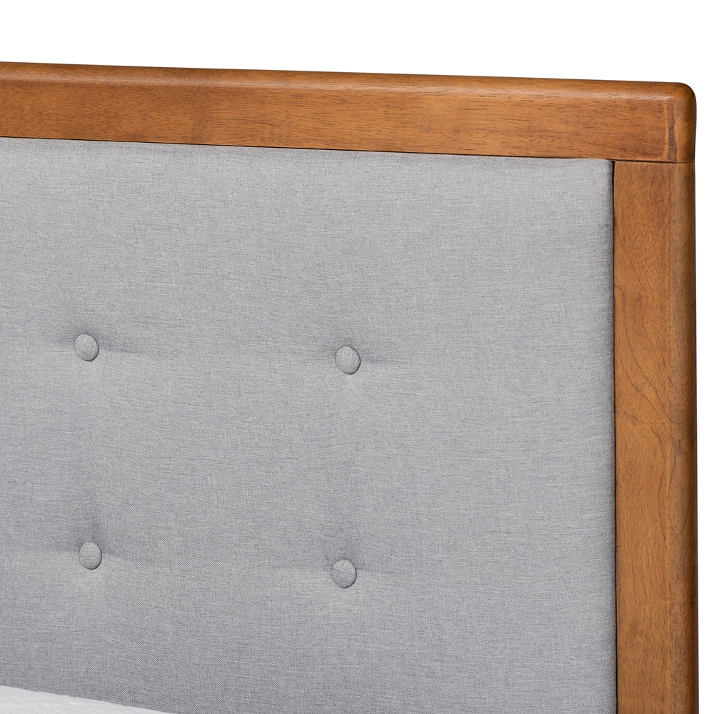 Dave Alida Twin Size Light Grey Upholstered Bed – Walnut Wood Frame & Mid-Century Style