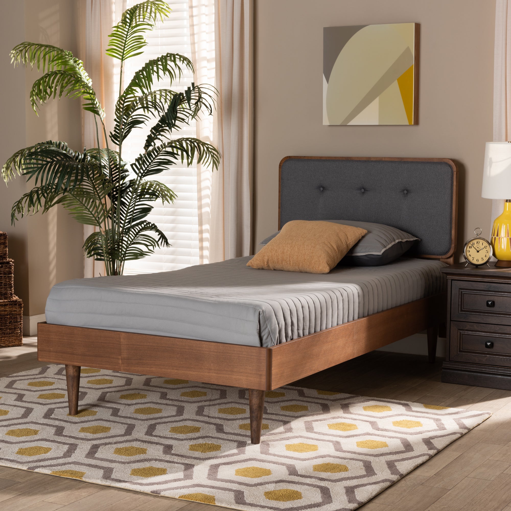 Cilka Dark Grey Fabric And Ash Walnut Finished Wood Twin Size Bed