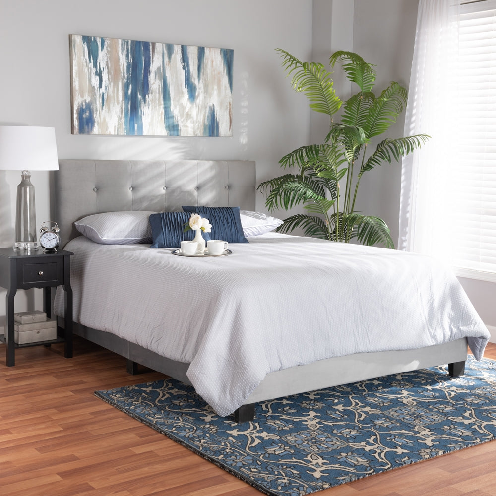 Caprice Glam Grey Velvet Fabric Upholstered Full Size Panel Bed